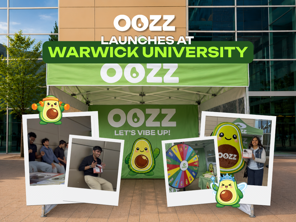 Graphic photo collage from OOZZ's event at warwick university. Images show the OOZZ mascot, Ollie the Avocado, Spin wheel and prizes, students taking part in the wall sit challenge and the event set up at the university.  